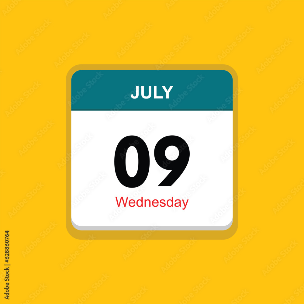 wednesday 09 july icon with yellow background, calender icon