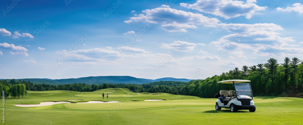 Fototapeta premium A day at a resort golf course, nice weather, beautiful course layout. Golf cart in front, golfers walking to the green, blurred human motion. Hand edited Generative AI.