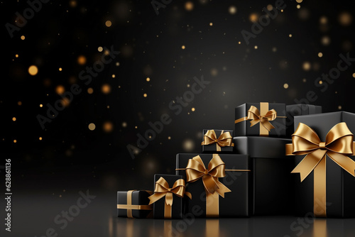 Black Arranged Gifts boxes with black ribbon and bow on black background. Black Friday concept