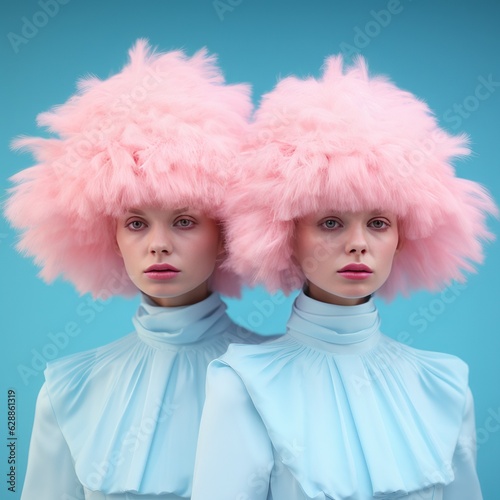 Young girls in pastel blue clothes and feather wigs  ready for a masquerade ball. Illustration. Generative Al