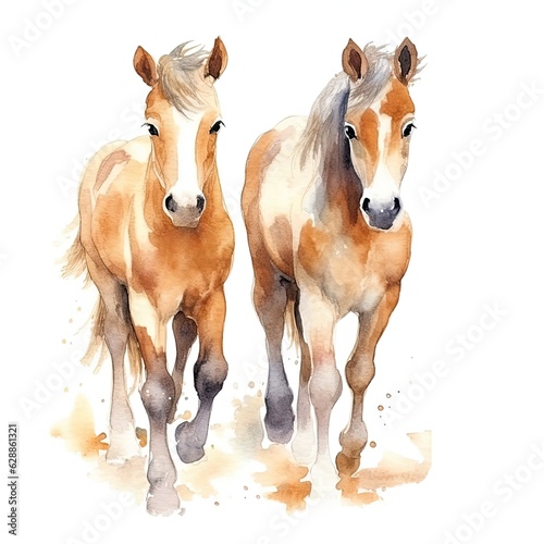 Two young horses on a white background.  Generative AI