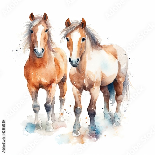 Two young horses on a white background. Generative AI