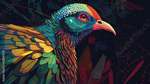 Colorful abstract Cyberpop animal pheasant  painting geometric style. Isolated black background Generative AI painted photo