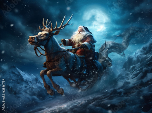 winter holiday claus santa christmas december night claus reindeer gift sleigh. Generative AI. © VICHIZH