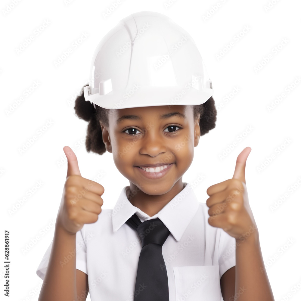 front view close up of a black African girl model dressed in Architect costume with thumbs up isolated on a transparent white background front view close up of a black African girl model dressed in Architect costume with thumbs up isolated on a transparent white background