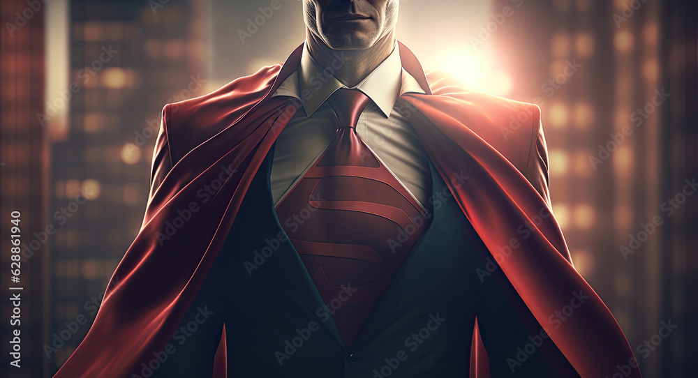 Businessman, superman - concept of entrepreneurship and leadership qualities. Man in suit symbolizes authority, idea of powerful ability to overcome difficulties and lead team to success - obrazy, fototapety, plakaty 