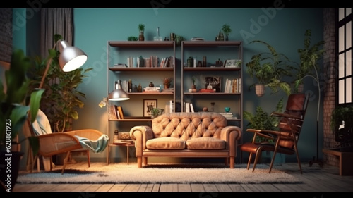 Hipster style interior background, 3D render, Generative AI.