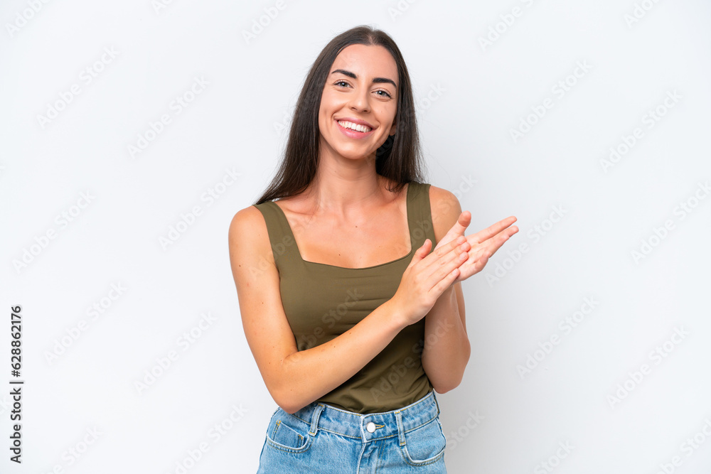Young caucasian woman isolated on white background applauding