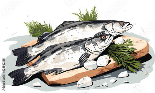 Wild Alaskan pollock on wooden plate vector illustration