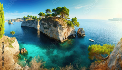 Bright spring view of the Cameo Island. Picturesque morning scene on the Port Sostis, Zakinthos island, Greece, Europe. Beauty of nature concept background. generative ai