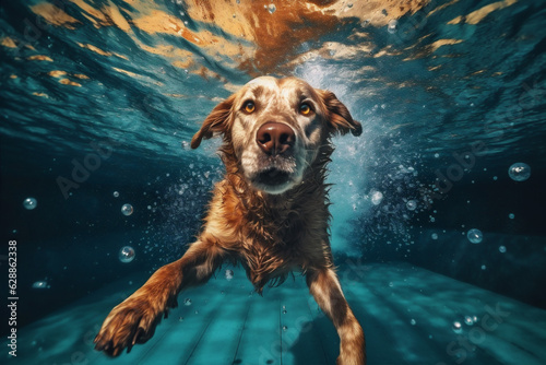 dog snorkeling funny pool swimming fun underwater puppy water vacation. Generative AI.