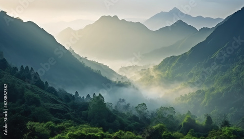 Mountains under mist in the morning Amazing nature scenery form Kerala God's own Country Tourism and travel concept image, Fresh and relax type nature image, generative ai