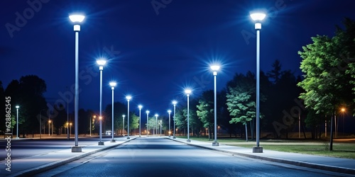 Street lighting poles, Row of street lamps against the background of the night sky