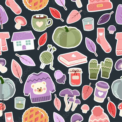 Cartoon seamless pattern with autumn cozy cute things in black background colors