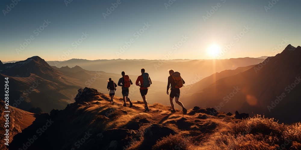 Group of runners running on top of a mountain range