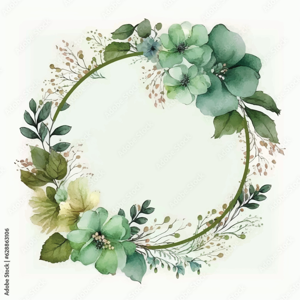 vector green flowers circle frame watercolor paint