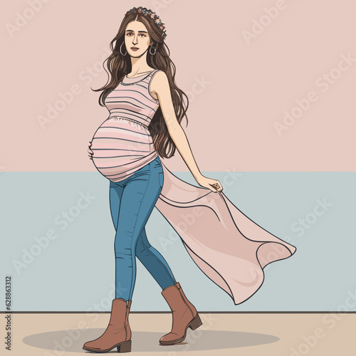 Detailed illustration of a pregnant woman with brown long hair wearing a striped shirt