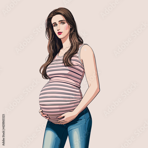 Detailed illustration of a pregnant woman with brown long hair wearing a striped shirt