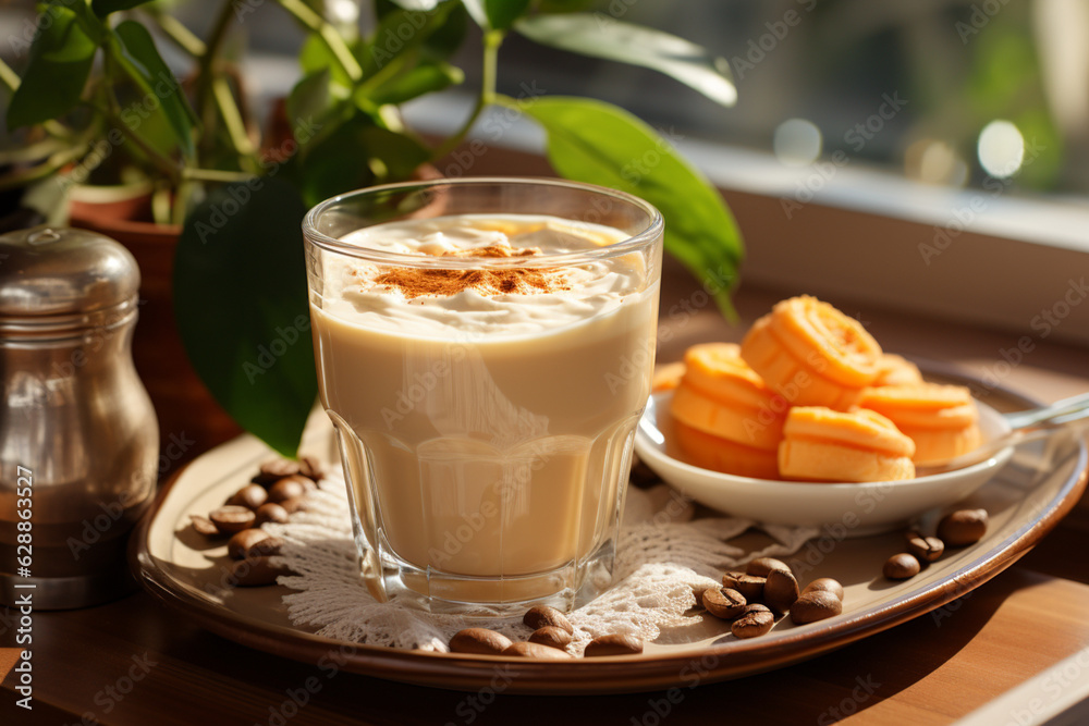Delicious breakfast by the window. Coffee and croissants and fruits. Delicious breakfast by the window. Coffee and croissants and fruits.