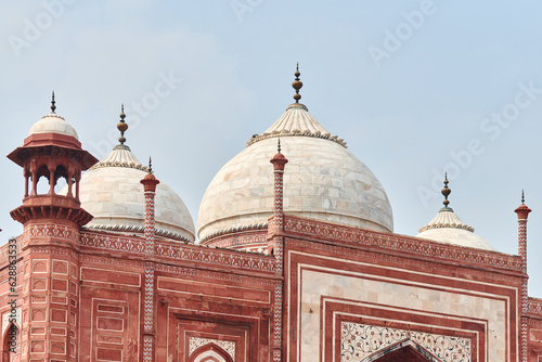 Close up Jawab Taj Mahal domes white marble mausoleum landmark in Agra, Uttar Pradesh, India, beautiful dome of ancient tomb building of Mughal architecture, popular touristic place