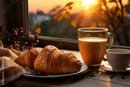  Delicious breakfast by the window. Coffee and croissants and fruits.