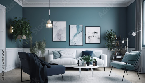 White sofa and blue armchair in living room with posters on the wall, generative ai