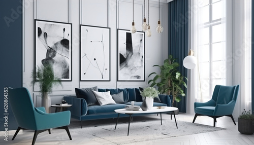 White sofa and blue armchair in living room with posters on the wall, generative ai