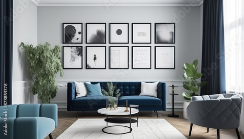 White sofa and blue armchair in living room with posters on the wall, generative ai