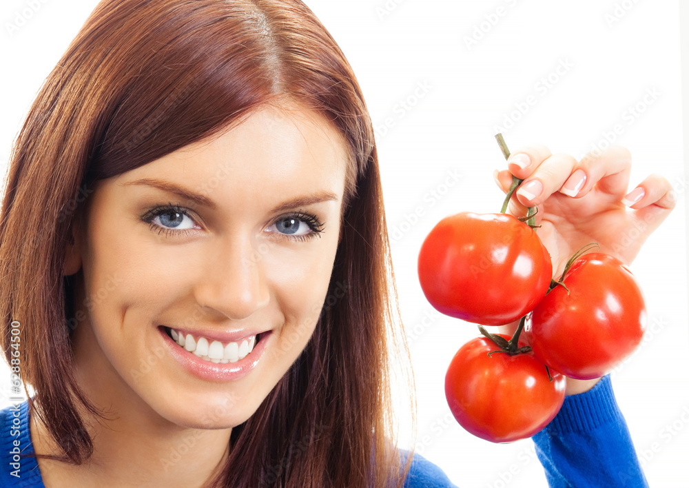 Cheerful woman with tomatoes, isolated over white background Cheerful woman with tomatoes, isolated over white background
