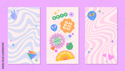 Vector insta story templates with patches and stickers in 90s style.Smm banners in y2k aesthetic with wavy background.Psychedelic funky designs for social media marketing,branding,packaging