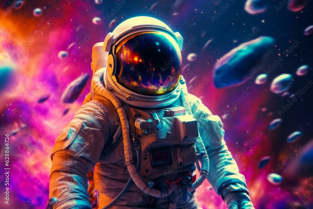 Cosmonaut or astronaut in rainbow colors. Background with selective focus and copy space. AI generated, human enhanced