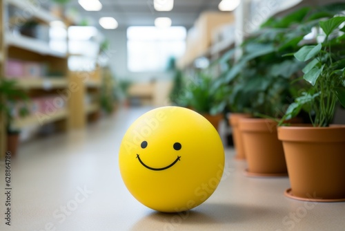 Smiling ball with positive emotion in the office. Background with selective focus and copy space