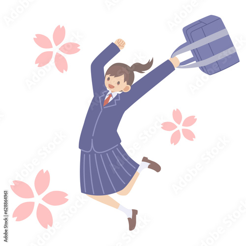 ジャンプする女学生と桜