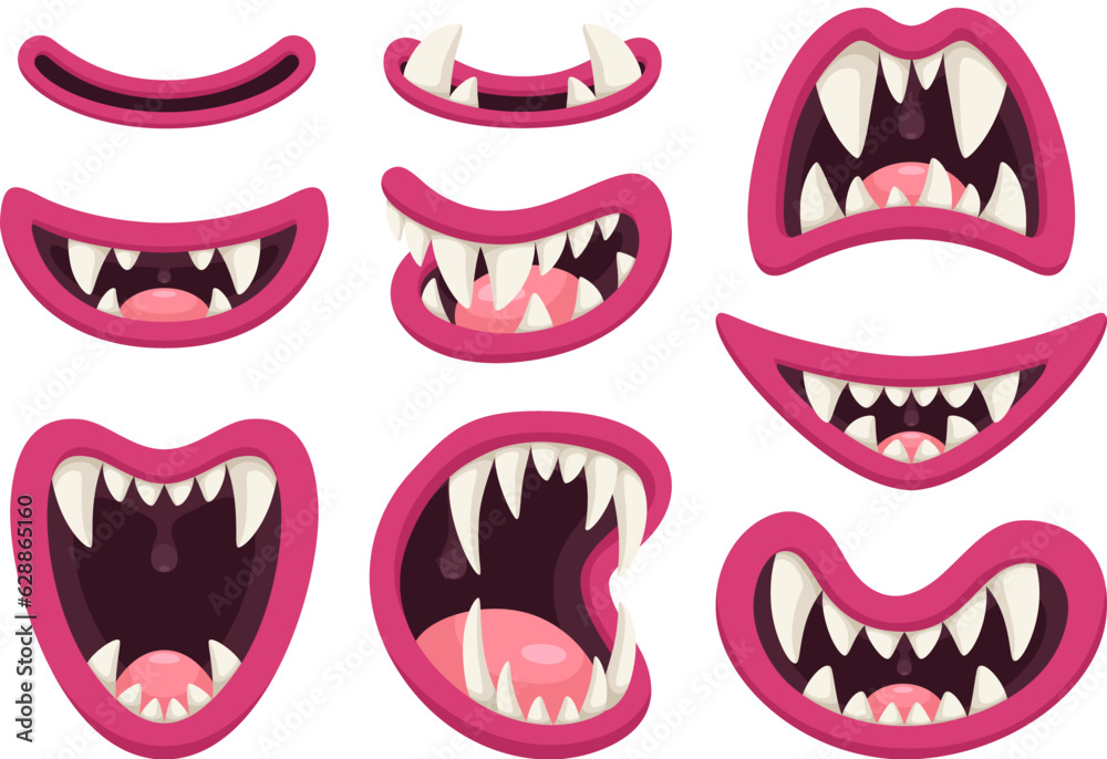 Cartoon monster toothed mouths collection. Vector illustration isolated on white background. For Halloween and other design.