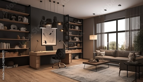 3d rendering interior of cozy living room. Remote working and work from home as an office is a new business trend. Home office is a safe place to work. generative a