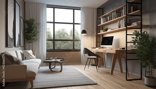 3d rendering interior of cozy living room. Remote working and work from home as an office is a new business trend. Home office is a safe place to work. generative a