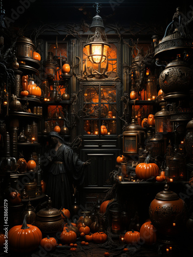 spooky interior on Halloween, night, dark atmosphere, created with Generative AI technology