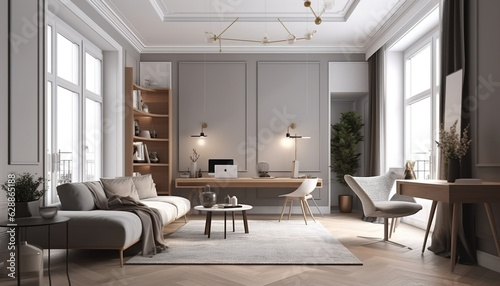 3d rendering interior of cozy living room. Remote working and work from home as an office is a new business trend. Home office is a safe place to work. generative a