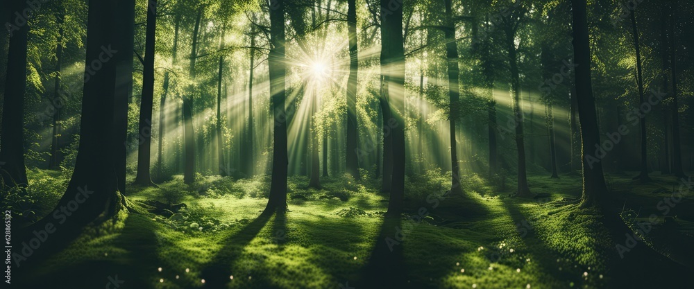 green forest width tropical plants, sunrays, summertime. Generative AI