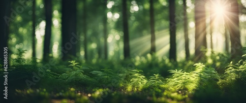green forest width tropical plants, sunrays, Panoramic landscape in summertime. Generative AI