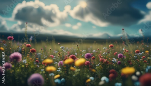 Meadow with colorful flowers. Clouds and sunbeams in the background. A moody landscape. generative AI