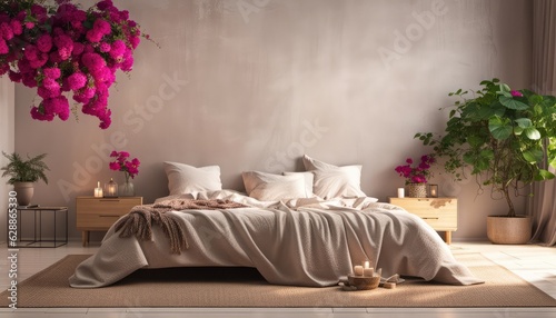Boho bedroom interior with bed. Generative AI