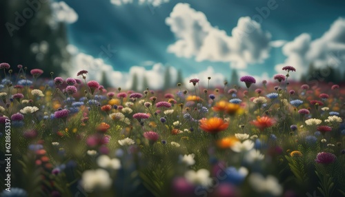 Meadow with colorful flowers. Clouds and sunbeams in the background. A moody landscape. generative AI © Ornavi