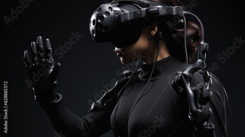 A captivating arrangement of a VR haptic suit, gloves, and headset. Generative AI