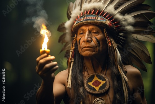 Apache Indian shaman is a native American man. The concept of Columbus day and the discovery of America. Portrait photo