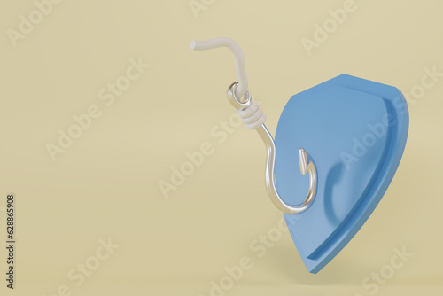 3d rendering hook and shield icon. phishing protection illustration concept for app, web and email photo