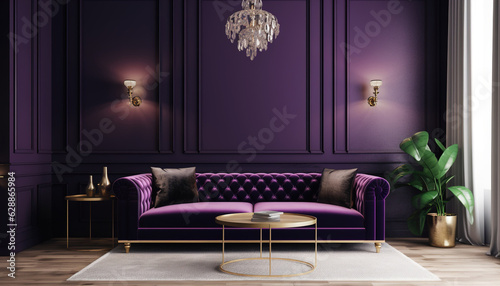 Luxury modern interior of living room ,Ultraviolet home decor concept ,purple sofa and black table with gold lamp on light purple wall and woodfloor ,3d render, generative ai
