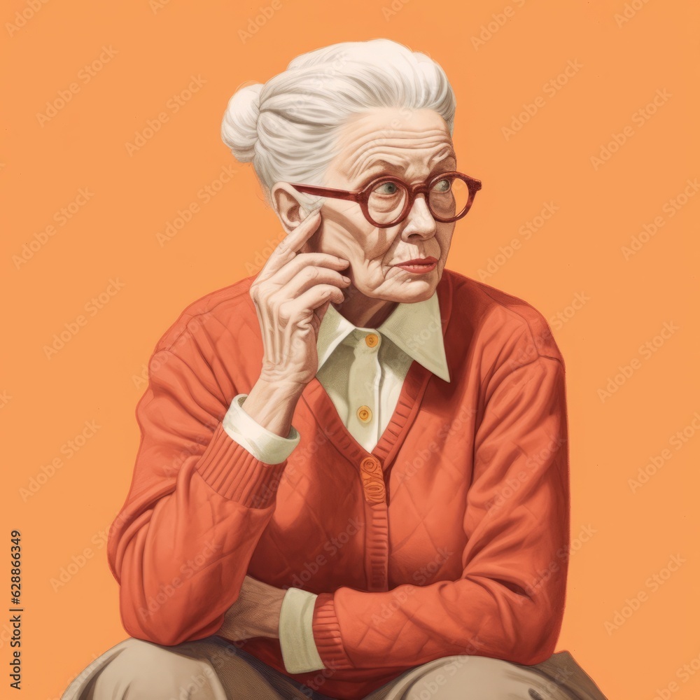 White old woman in thinking and doubts photorealistic illustration. Female character with dreamy face on abstract background. Ai generated realistic bright poster. White old woman in thinking and doubts photorealistic illustration. Female character with dreamy face on abstract background. Ai generated realistic bright poster.