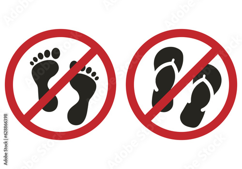 Set of isolated illustration of do not wear flip flop, slippers, sandal, sandals, casual footwear and don't barefoot with red circle crossed out of disallowed, do not, restriction icon