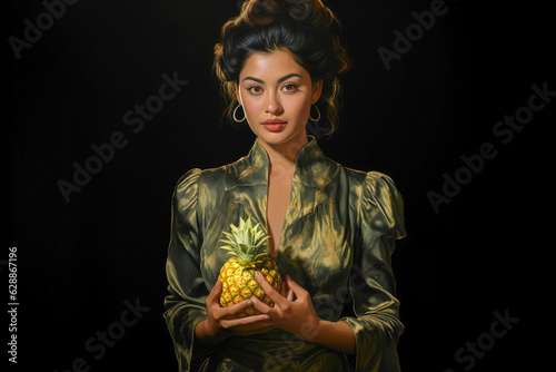 Tropical Delight: Woman with Brown Hair Holding Pineapple Close-Up. on a dark Background.  Generative AI